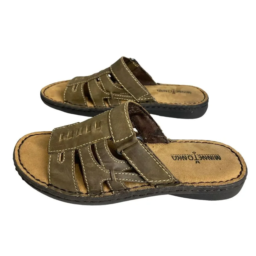 Minnetonka Slip On Leather ‎ Sandals Womens 7 Brown with Hook & Loop Closure